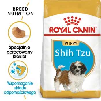 Torba z jedzeniem dla szczeniąt Royal Canin Shih Tzu z ilustracją małego psa rasy Shih Tzu, z tekstem podkreślającym odżywianie rasy i wsparcie odporności.