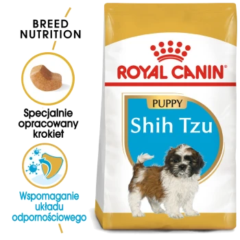 Torba z jedzeniem dla szczeniąt Royal Canin Shih Tzu z ilustracją małego psa rasy Shih Tzu, z tekstem podkreślającym odżywianie rasy i wsparcie odporności.