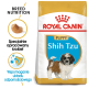 Torba z jedzeniem dla szczeniąt Royal Canin Shih Tzu z ilustracją małego psa rasy Shih Tzu, z tekstem podkreślającym odżywianie rasy i wsparcie odporności.