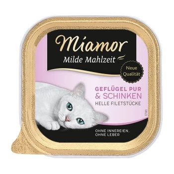 Milde Mahlzeit Geflügel pur und Schinken 16x100 g Miamor Katzenfutterverpackung mit einer weißen Katze mit blauen Augen, beschriftet "Geflügel Pur & Schinken" und "Milde Mahlzeit."