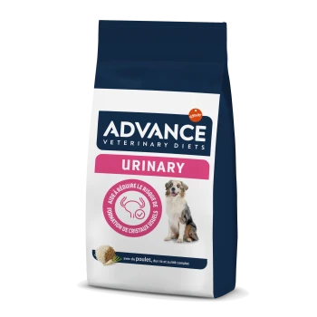 Sac de nourriture pour chiens Advance Veterinary Diets Urinary, présentant un chien sur le devant, prétendant réduire le risque de formation de cristaux urinaires.