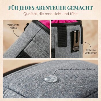 Grauer Haustierabfallbeutelspender mit verstellbaren Riemen, Metallclips und einem Reißverschlussfach für einfachen Zugang, beschriftet mit "Robust + Funktional."