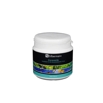 Weißer Behälter für Fischfutter mit der Aufschrift "Silbermann Escaverde" für herbivorische Fische, mit einem Fassungsvermögen von 500 ml und aquatischen Bildern.