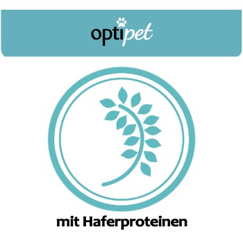 Logo von opti pet mit einem stilisierten Blätterdesign, mit dem Text 'mit Haferproteinen' darunter, der den Haferproteinanteil angibt.