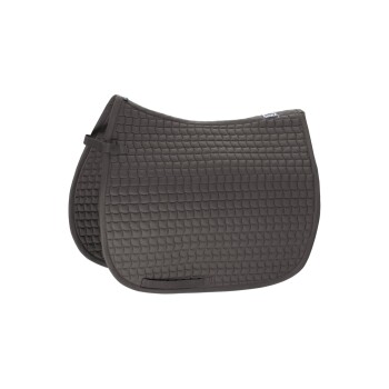Graue, gesteppten Sattelunterlage mit strukturierter Oberfläche, mit einem Riemen zur Befestigung, auf einem weißen Hintergrund präsentiert.