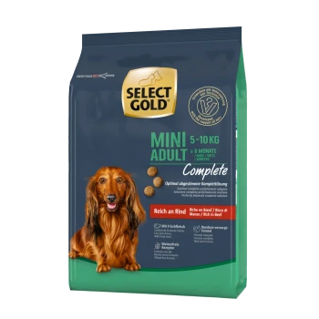 Select Gold Mini Adult Hundefutterbeutel, 5-10 kg, geeignet für Hunde über 8 Monate. Enthält Rindfleisch als Hauptzutat.
