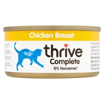Karma w puszce dla kotów oznaczona "Thrive Complete Chicken Breast" z niebieskim sylwetką kota, z hasłem "0% Bzdur".