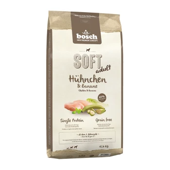 Soft Hühnchen & Banane 12,5 kg Verpackung von Bosch Soft Adult Hundefutter, mit Huhn- und Bananengeschmack, 60% Protein, getreidefrei, 12,5 kg Größe.