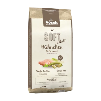 Verpackung von Bosch Soft Adult Hundefutter, mit Huhn- und Bananengeschmack, 60% Protein, getreidefrei, 12,5 kg Größe.