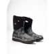 Schwarze, blumenmusterte Haustierstiefel mit einer strukturierten Sohle, mit seitlichen Griffen für einfaches Anziehen.