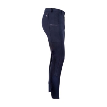 Seitenansicht von marineblauen Reitleggings mit einem Reißverschlussfach und dem Text "JUST EQUESTRIAN" an der Seite.