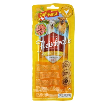 Sausage z mięsa kurczaka DeliBest premium z prosem dla psów, z dwoma psami na froncie, informacjami o wartości odżywczej i etykietami bezglutenowymi.