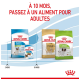 Publicité Royal Canin : «À 10 MOIS, PASSEZ À UN ALIMENT POUR ADULTES» montrant des sacs pour chiot et adulte (Chihuahua, X‑Small), frise «2 mois»/«10 mois»