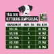 Eine Person füttert einen schwarz-weißen Hund mit einem Leckerli aus einem grün-pinken Behälter mit der Aufschrift "Darmpflege Drops" vor einem pinken Hintergrund.