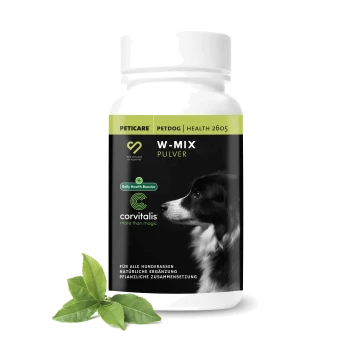 Flasche mit Wurm-Mix-Pulver für Hunde, gekennzeichnet als 'Bauchgesundheits-Booster', mit einer schwarz-weißen Hundesilhouette und einem grünen Blatt.