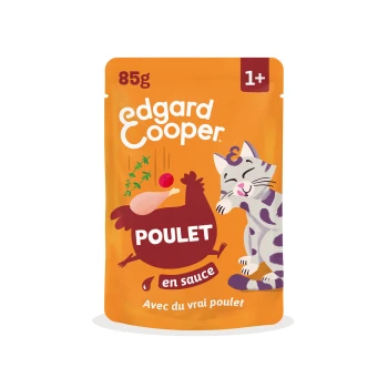 Sachet orange Edgard Cooper 85 g pour chats, saveur « Poulet en sauce », 1+, illustration de chat souriant, texte « Avec du vrai poulet ».