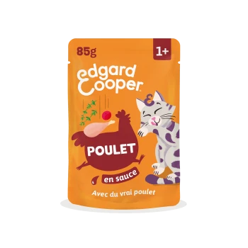 Sachet orange Edgard Cooper 85 g pour chats, saveur « Poulet en sauce », 1+, illustration de chat souriant, texte « Avec du vrai poulet ».
