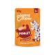 Sachet orange Edgard Cooper 85 g pour chats, saveur « Poulet en sauce », 1+, illustration de chat souriant, texte « Avec du vrai poulet ».