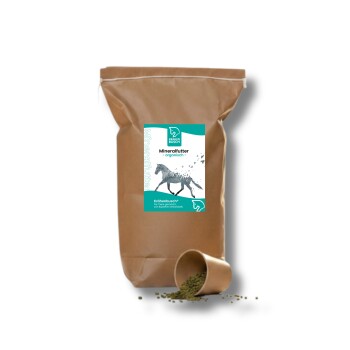 Weißer Eimer mit organischem Mineralfutter für Pferde, beschriftet mit "Krähen Busch," mit einer Pferdesilhouette und Vögeln, 3 kg.