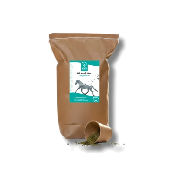 Weißer Eimer mit organischem Mineralfutter für Pferde, beschriftet mit "Krähen Busch," mit einer Pferdesilhouette und Vögeln, 3 kg.