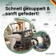 Hund in einem taXXi Dog Fahrradanhänger mit dem Text „Schnell gekuppelt & sanft gefedert!“ und „Engineered in Germany“.