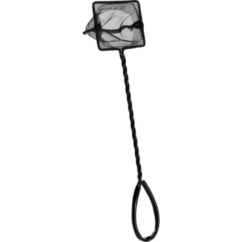 Black fish net with a square mesh head and a twisted handle, designed for catching fish or aquatic pets.