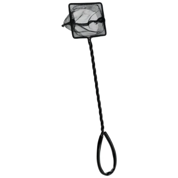 Black fish net with a square mesh head and a twisted handle, designed for catching fish or aquatic pets.