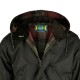 Dunkelgrüne Hunter Outdoor Jacke mit kariertem Futter, Cordkragen und Etikett mit der Aufschrift „Hunter Outdoor British Lifestyle“.
