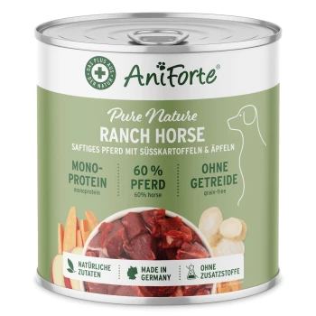 Dose AniForte Pure Nature Ranch Horse Haustierfutter, das 60% Pferdefleisch, Süßkartoffeln und Äpfel enthält; getreidefrei, hergestellt in Deutschland.