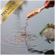 Eine Hand, die bunte Haustierfutterpellets aus einer Holzschaufel in eine ruhige Wasseroberfläche gießt, mit einem goldenen 'PREMIUM'-Abzeichen in der Ecke.