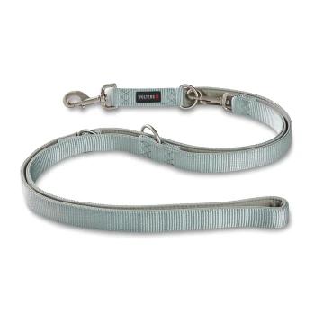 Hellblaue verstellbare Hundeleine mit Metallclips und Ringen, mit "WOLTERS" auf einem schwarzen Etikett beschriftet.