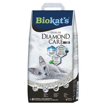 Diamond Care classic 10 l Biokat's Premium Diamond Care Classic Katzenstreu-Tüte mit einer hellgrauen Katze, die 'Diamond Formula' und '44 Tage' Nutzung hervorhebt.