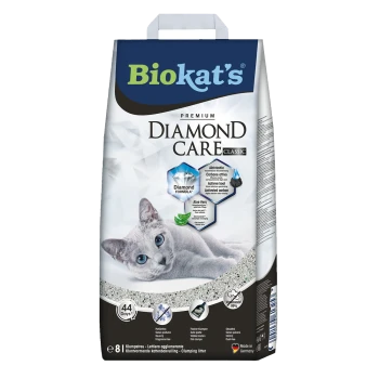 Biokat's Premium Diamond Care Classic Katzenstreu-Tüte mit einer hellgrauen Katze, die 'Diamond Formula' und '44 Tage' Nutzung hervorhebt.