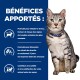 Un chat tigré avec un collier bleu est assis à côté d'un texte listant les avantages : réduit le stress, dissout les cristaux de struvite en 7 jours, favorise la satiété.