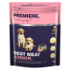 Hondenvoeding verpakking met twee Labrador puppy's, gelabeld 'BESTE VLEES JUNIOR' met 40% kip, geschikt voor puppy's en zogende honden.