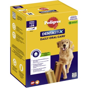 Boîte jaune Pedigree Dentastix – Mega Pack x28, Soin bucco-dentaire quotidien (25 kg+), golden retriever souriant et deux bâtonnets