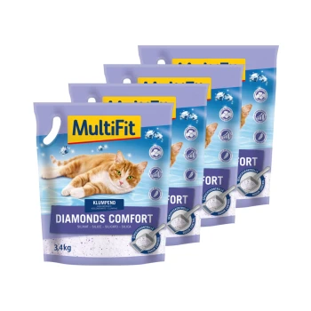 MultiFit Diamonds Comfort Katzenstreu, 3,4 kg Beutel, mit einer sich ausruhenden orangefarbenen Tabby-Katze auf der Verpackung.