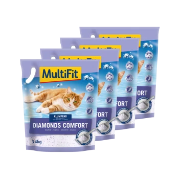MultiFit Diamonds Comfort Katzenstreu, 3,4 kg Beutel, mit einer sich ausruhenden orangefarbenen Tabby-Katze auf der Verpackung.