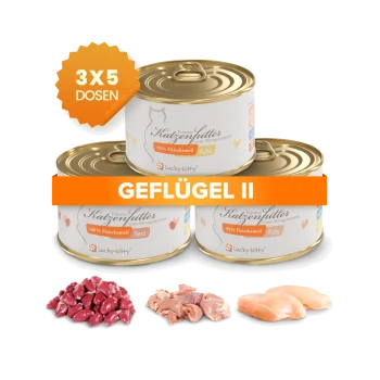 Drei gestapelte Lucky-Kitty Katzenfutterdosen mit der Aufschrift 'GEFLÜGEL II' und einem '3X5 DOSEN'-Badge, dazu drei Häufchen roher Geflügelstücke.