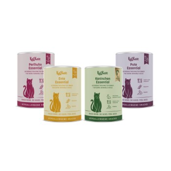 Vier hypoallergene KatKare-Katzensnack-Dosen (Perlhuhn, Ente, Kaninchen, Pute) mit Katzenillustrationen