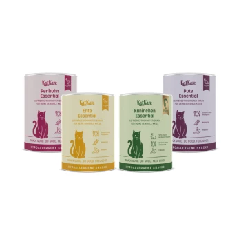 Vier hypoallergene KatKare-Katzensnack-Dosen (Perlhuhn, Ente, Kaninchen, Pute) mit Katzenillustrationen