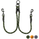 Grüne doppelte Hundeleine mit schwarzen Clips und einem strukturierten Design, mit Farboptionen: orange, grün und graue Kreise.