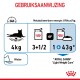 Instructiekaart voor voedingsrichtlijnen van een kat van 4 kg, met porties van Royal Canin "Light Weight Care" voer en water.