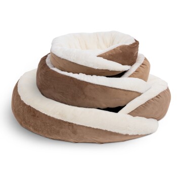Ein gemütliches, spiralförmiges Haustierbett mit einem weichen, plüschigen Innenraum in Creme und einem glatten, braunen Außenbereich.