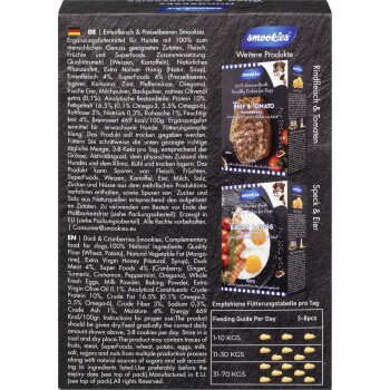 Verpackung für Haustierfutter für "Enten- & Cranberries Smookies" und "Bacon & Eggs" Leckerlis, die natürliche Zutaten und Fütterungshinweise hervorhebt.
