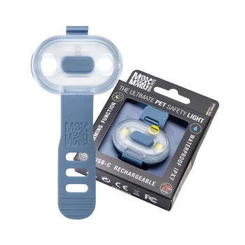 Blaues Max & Molly wiederaufladbares Sicherheitlicht für Haustiere mit USB-C, wasserdicht IPX7 und Blinkfunktion in der Verpackung.