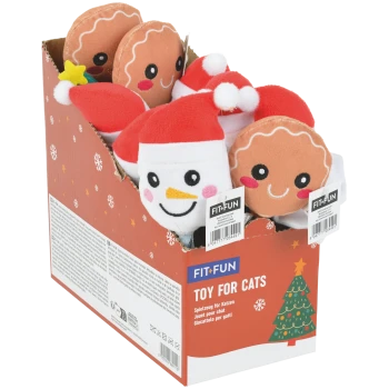 Box of FIT+FUN 'Toy for Cats' holiday plush toys—Santa hat snowman and smiling gingerbread faces in red display box.