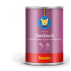 Lila Dose Katzenfutter, beschriftet mit "Sterilised" und Stückchen von Kaninchen in Soße, mit einem Cartoon-Katzenlogo und dem Hinweis auf keine künstlichen Aromen.
