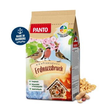PANTO Premium Erdnussbruch Vogelfutterbeutel mit bunten Vögeln, floralem Design und Text, der seine energiereiche, natürliche Qualität betont.