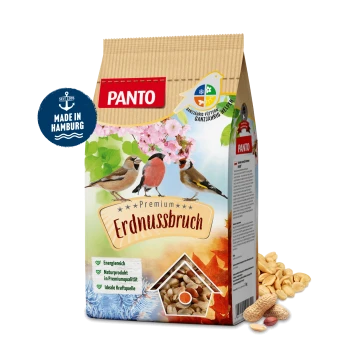 PANTO Premium Erdnussbruch Vogelfutterbeutel mit bunten Vögeln, floralem Design und Text, der seine energiereiche, natürliche Qualität betont.